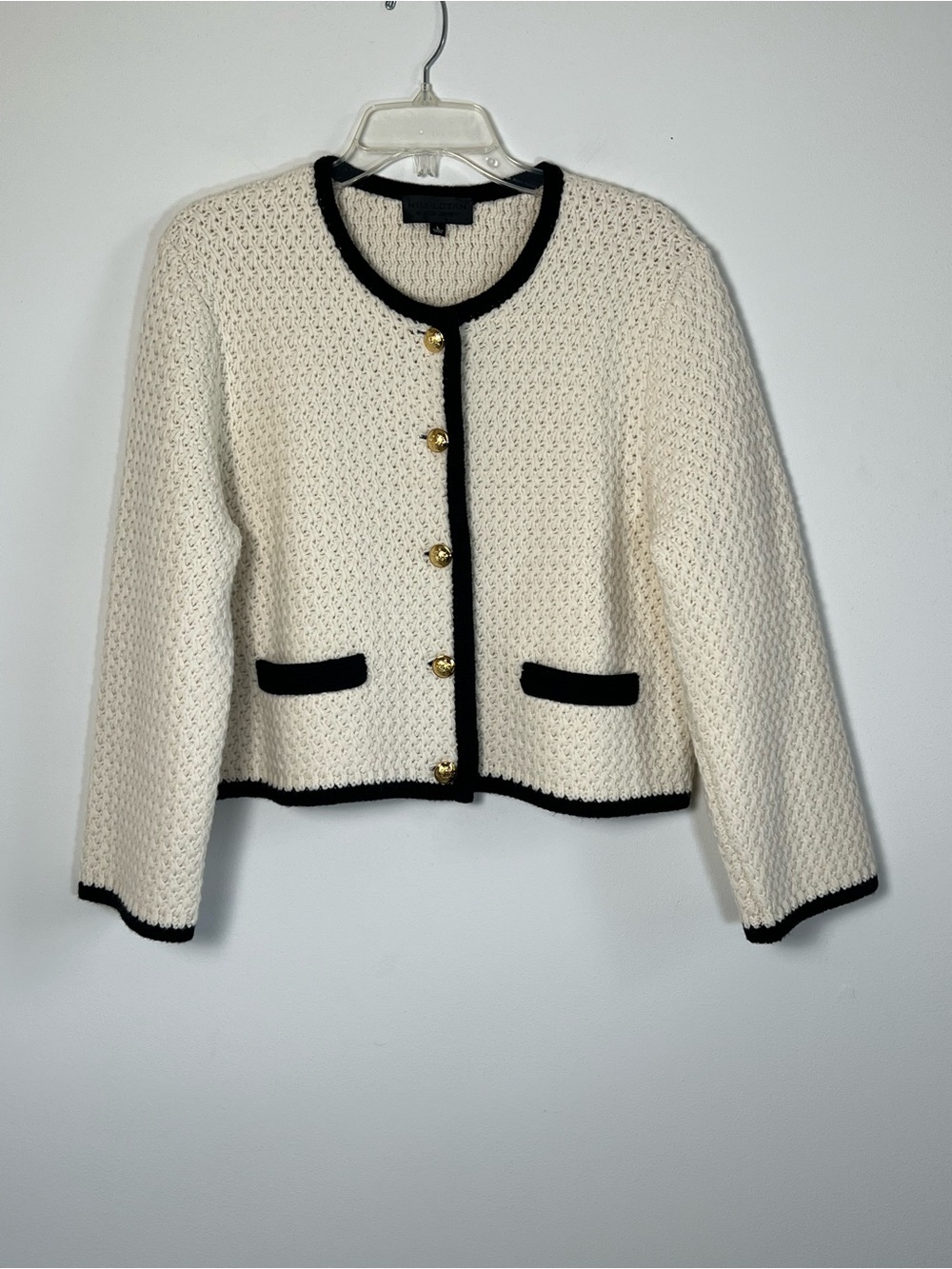 Nili Lotan Perah Contrast Trim Wool Cardigan Jacket Ivory Dark Navy L